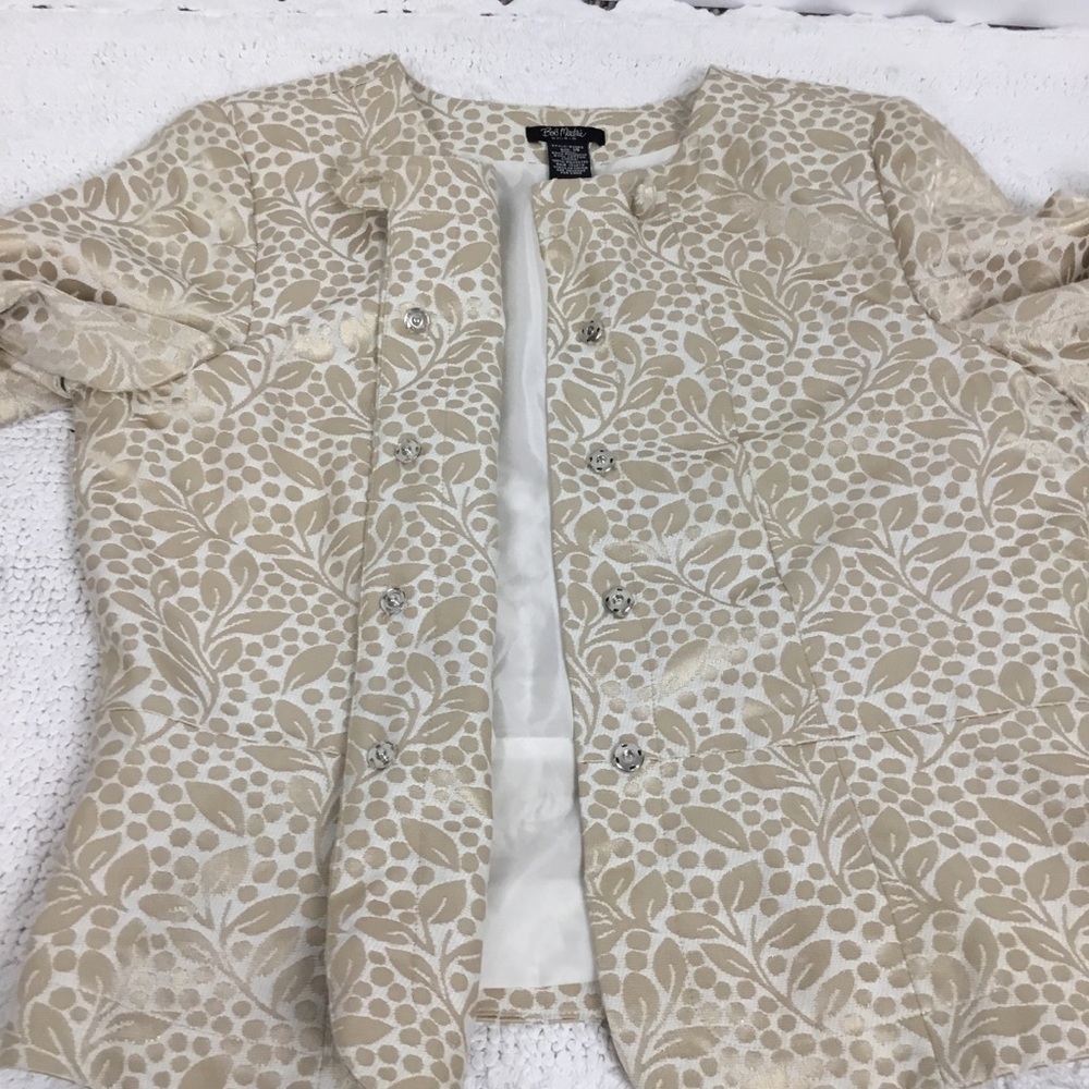 BOB MACKIE Creamy Gold Botanic Polka Dots Print Peplum Jacket Size 14 - Picture 9 of 12